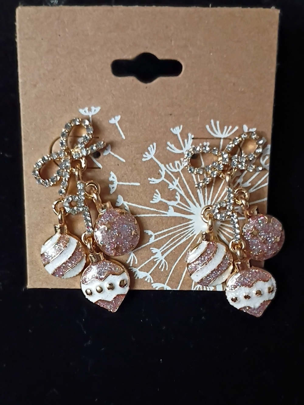 Gold Bow Drop Earrings Xmas Ornament Accents